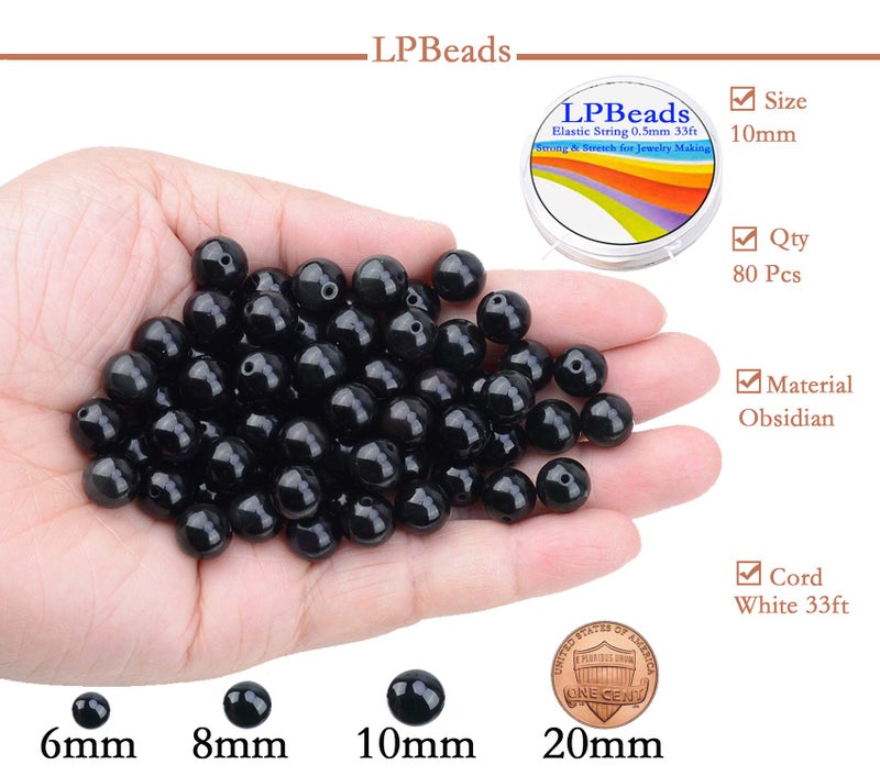LPBeads خرز LPBeads 80 قطعة مصقول 10 مم دائري من حجر الأوبسيديان الطبيعي مع حبل مرن لصنع المجوهرات والأساور - Image 2